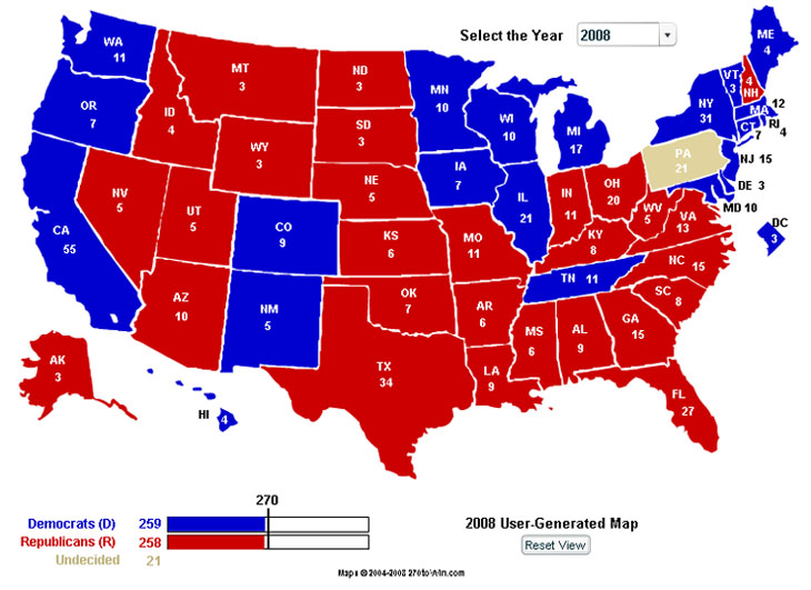 I surfed out to an interactive electoral college map, and made some 